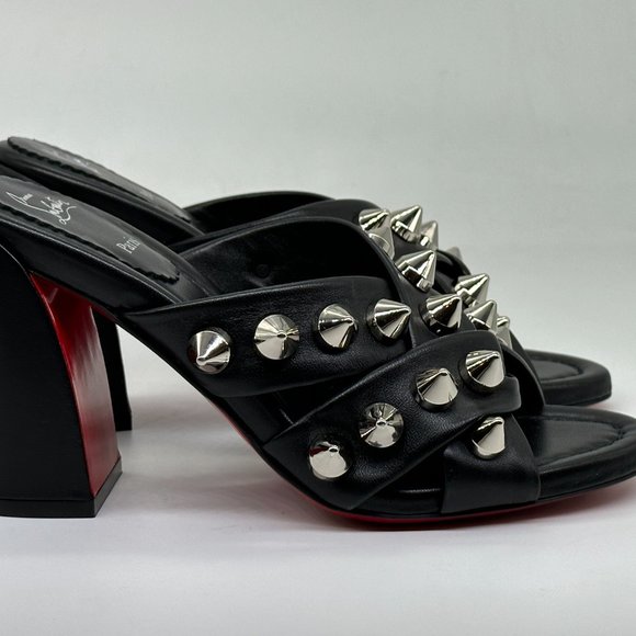 Christian Louboutin SPIKA CLUB Spiked Leather Mule Block Heel Sandals Shoes - Picture 7 of 14